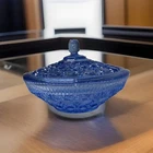 Vintage Indiana Glass Ice Blue Candy Nut Dish w/ Lid 7” Windsor Cane And Button