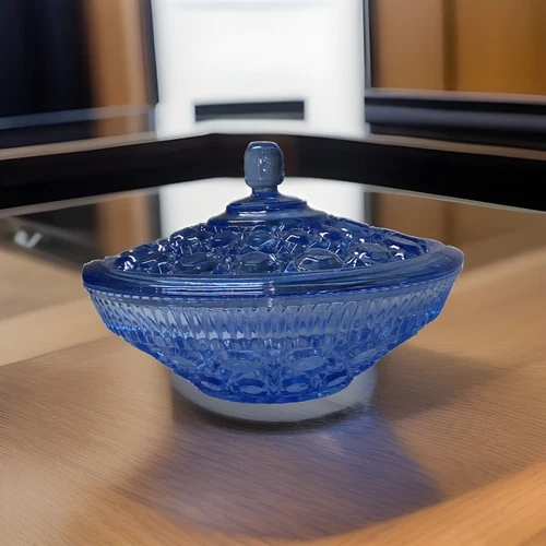 Vintage Indiana Glass Ice Blue Candy Nut Dish w/ Lid 7” Windsor Cane And Button