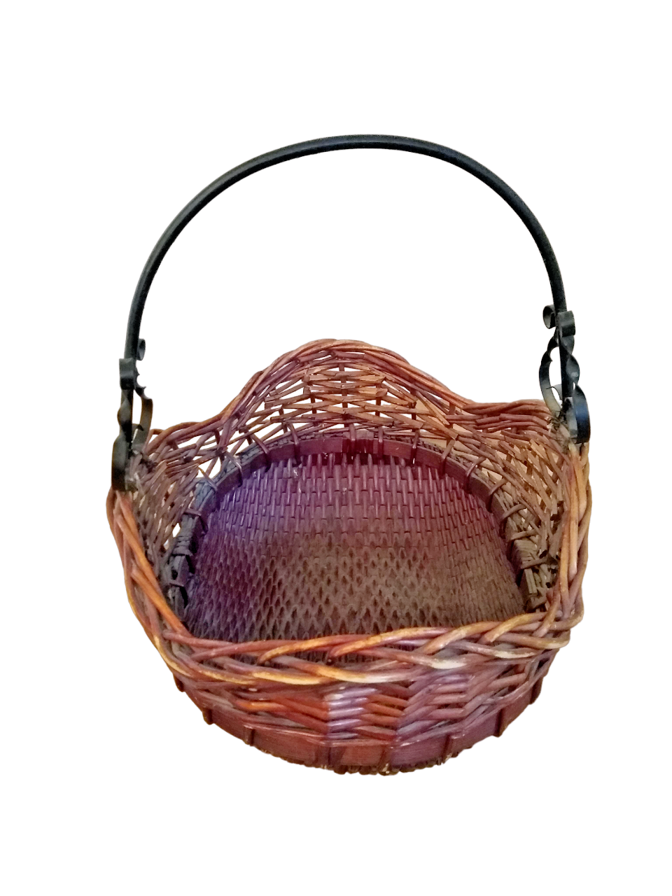 Vintage Lg. & Deep Wicker Market Basket with Ornate Iron Handle 18" x