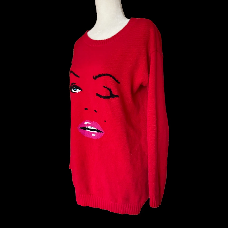 Vestido Suéter Betsey Johnson Bebé Rojo Guiño Marilyn Talla Pequeña Labios Tejido Cara Y2K Foto 3 de 4