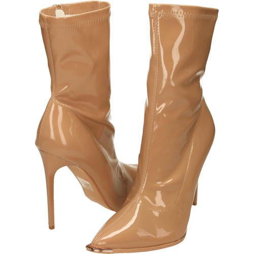 Ladies Faux Leather Patent Nude Beige Ankle Sock Boots Stiletto High Heel Point - Picture 9 of 12