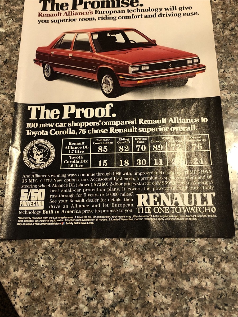 1986 Renault Alliance PRINT AD Promise & Proof Europeon Technology