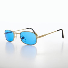 Blue Lens Small Rectangular Vintage Sunglasses Gold Frame - Galaxy
