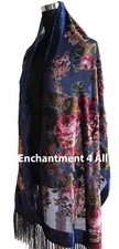Elegant 100% Silk Burnout Velvet Vintage Floral Oblong Scarf Shawl Wrap, Navy