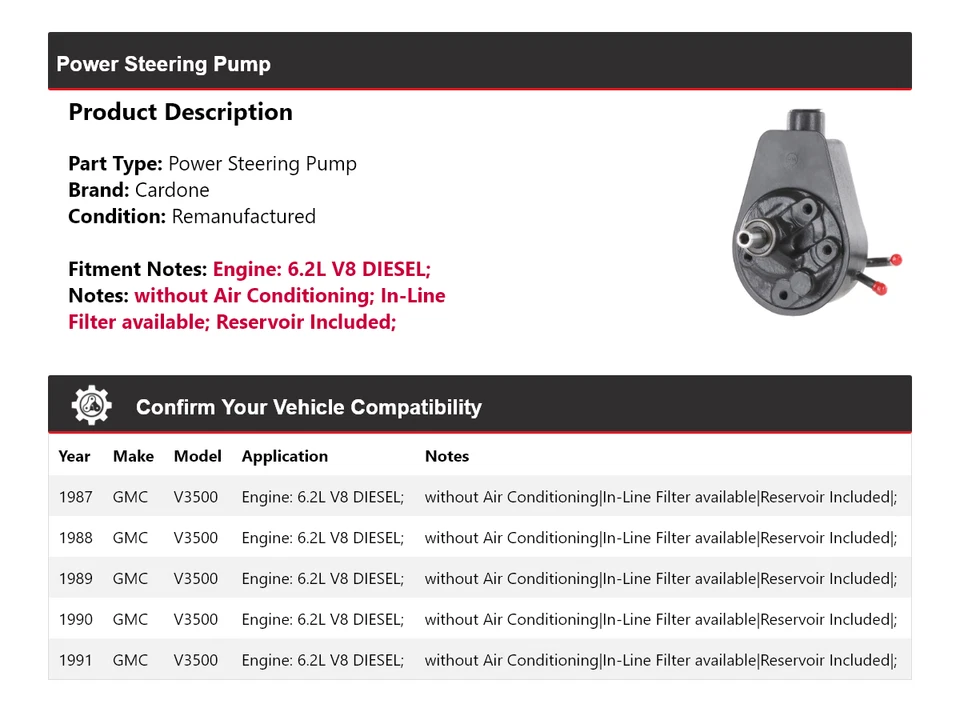Bomba de dirección asistida Cardone 1988 1989 para GMC V3500 1987-1991 6,2 L V8 DIÉSEL Foto 2 de 4