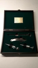 Wine Bottle Stoppers With Cork Screw & Thermometer In A Wooden Display Box