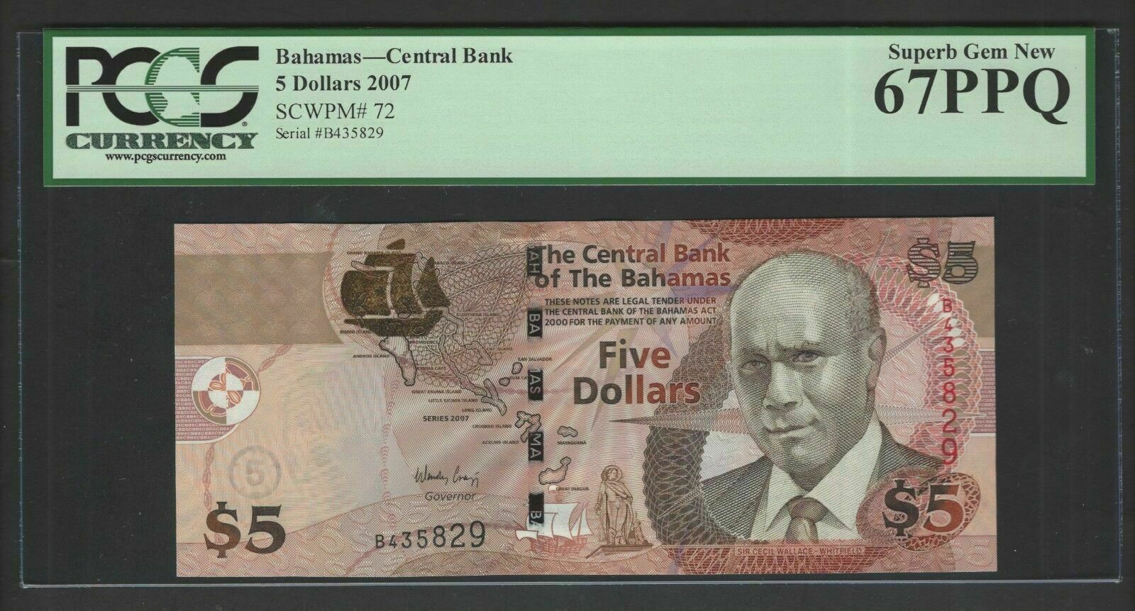 Bahamas 5 Dollars 2007 P72 Uncirculated Graded 67