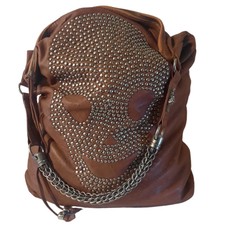 Thomas Wylde Studded Skull Front Leather Hobo Bag Brown  Ant Silver Hardware