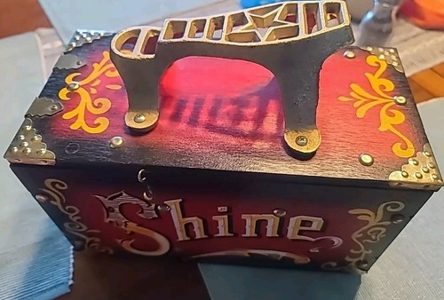 Vintage 5 Cent Shoe Shine Box Solid Wood/ Cast Iron With Carnival Theme