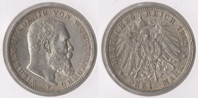 WÜRTTEMBERG 3 Mark 1912 -F- (Silber) vz + "Wilhelm II." Jaeger 175. WÜRTTEMBERG 3 Mark 1912 -F- (Silber) vz + "Wilhelm II." Jaeger 175.