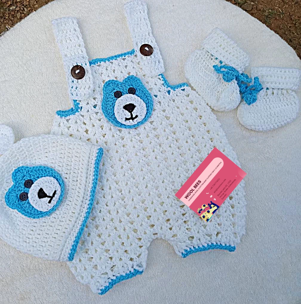 1-12 Months Baby Boy Crochet Outfit Set Romper Hat Booties Handmade Clothes