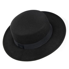 Wide-Brim-Felt-Panama-Fedora-Hat with Flat-Top-Pork-Pie Cap for Medium, Black