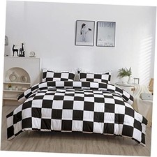 Comforter Set 3 Pieces Fluffy Bedding Set Black Plaid Queen Black Checkerd