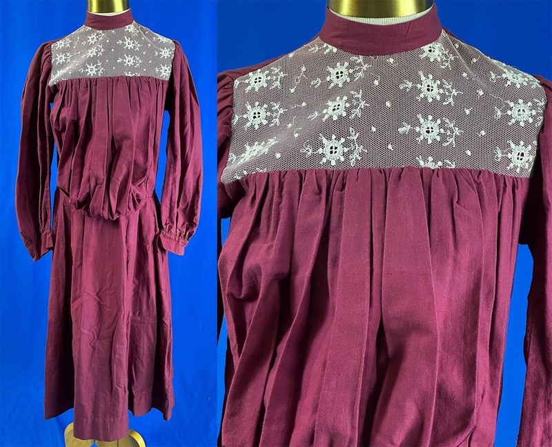 Victorian Youth Girl Burgundy Red Cotton White Tambour Embroidery Net Lace Dress