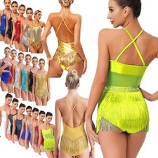 Womens Latin Dance Dress Rhinestone Tassel Sleeveless Bodysuit Leotard AU