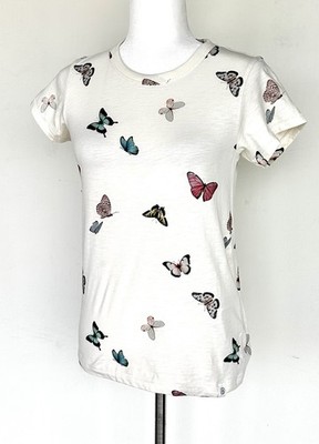 Rag & Bone Ivory Butterfly Print Tee Shirt Size XS NWT 100% Cotton Retail $138