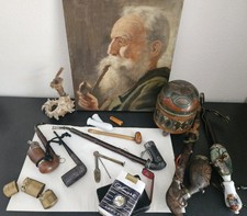 Antikes Pfeifen-Konvolut (15-teilig), u. a. Meerschaumpfeife, Ölporträt, Tabakdo