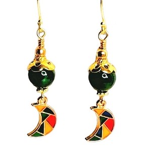 Authentic Painted Mosaic Moon Beaded 18K Gold-Plated Earrings Boho Ethnic Nature