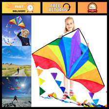 Large Delta Kite for Kids Adults - Easy to Fly, Colorful Tail, Beach Fun, Stri