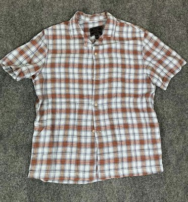 Jos A Bank Reserve Shirt Mens Large Blue Brown Plaid Linen Short Sleeve