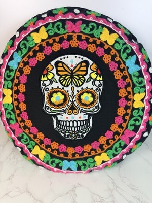 Vibrant Sugar Skull Throw Pillow Día de los Muertos Day Of The Dead Needlework