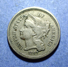 1867 Three Cent Nickel  Abt. VF