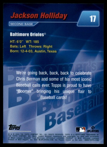 2024 Topps x Chris Berman: Boomer's Baseball #17 Jackson Holliday RC Rookie Card - Picture 2 of 2