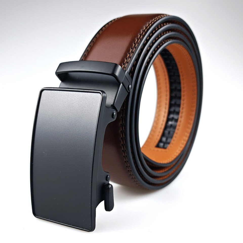 Ameribox Genuine Leather Ratchet Belt For Men - Adjustable Automatic Buckle, 1.3" Width, One Size