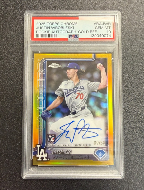 2025 Topps Chrome Justin Wrobleski Gold Refractor Auto /25 Dodgers PSA 10