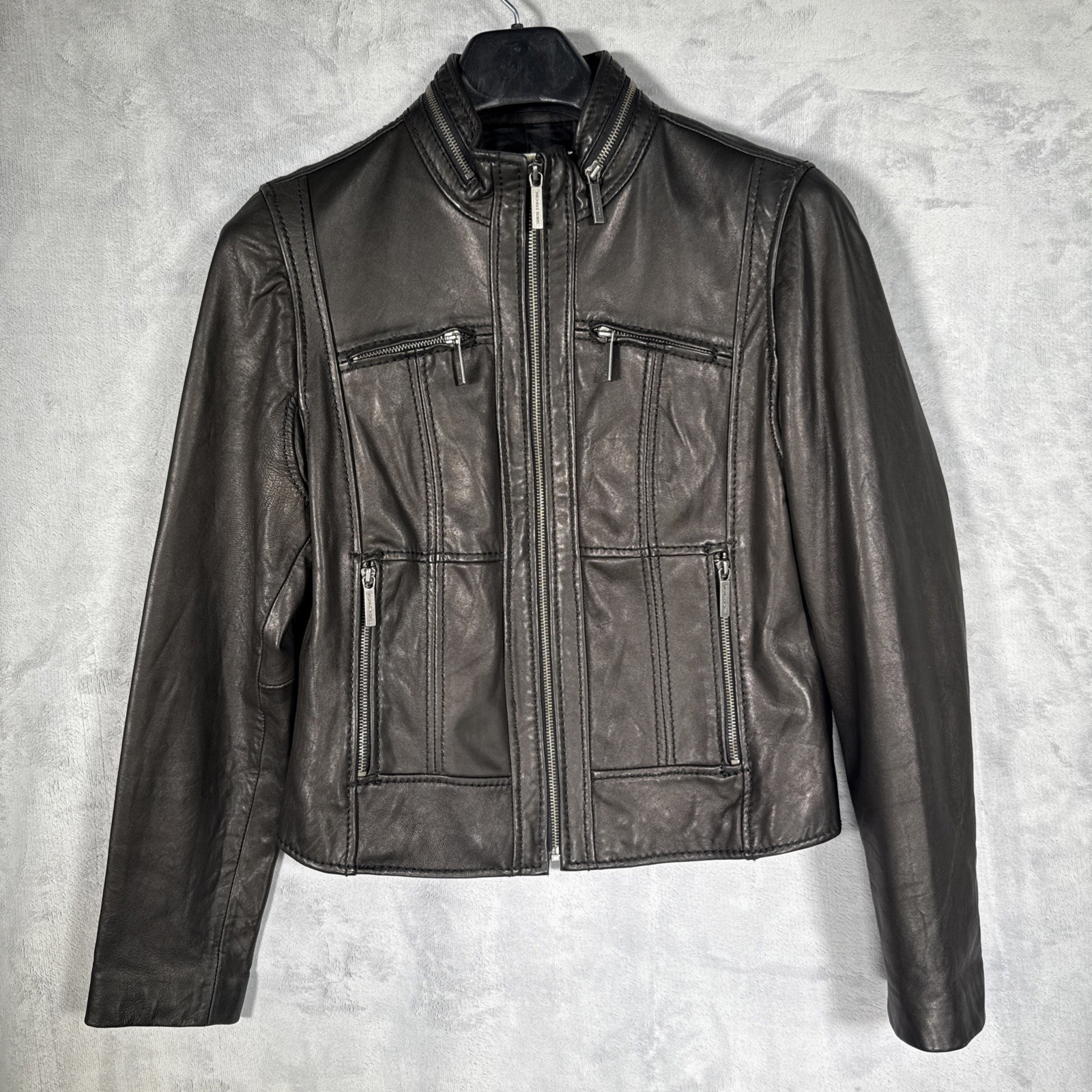 Michael Kors Genuine Leather Moto Jacket Dark Bronze Women’s M/M Cropped Biker