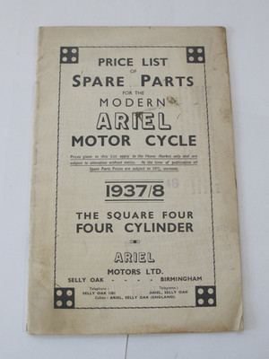 1937/8 Ariel Square Four Cylinder Motorcycle Spare Parts Price List Catalog