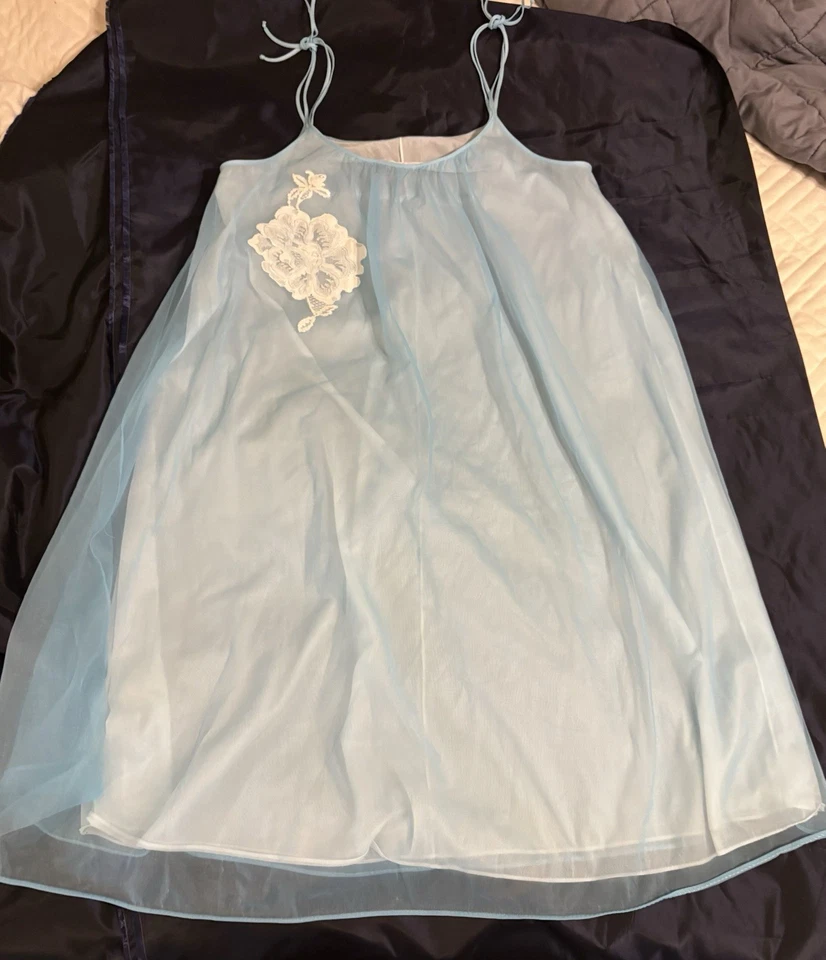 SHEER VTG VANITY FAIR Womens S M BABYDOLL Blue CHIFFON Nylon NIGHTGOWN Lingerie - Image 3 of 4