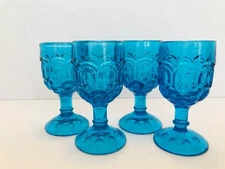 Vintage L E Smith Blue Glass Moon & Stars Pedestal Wine Goblets, Set of 4