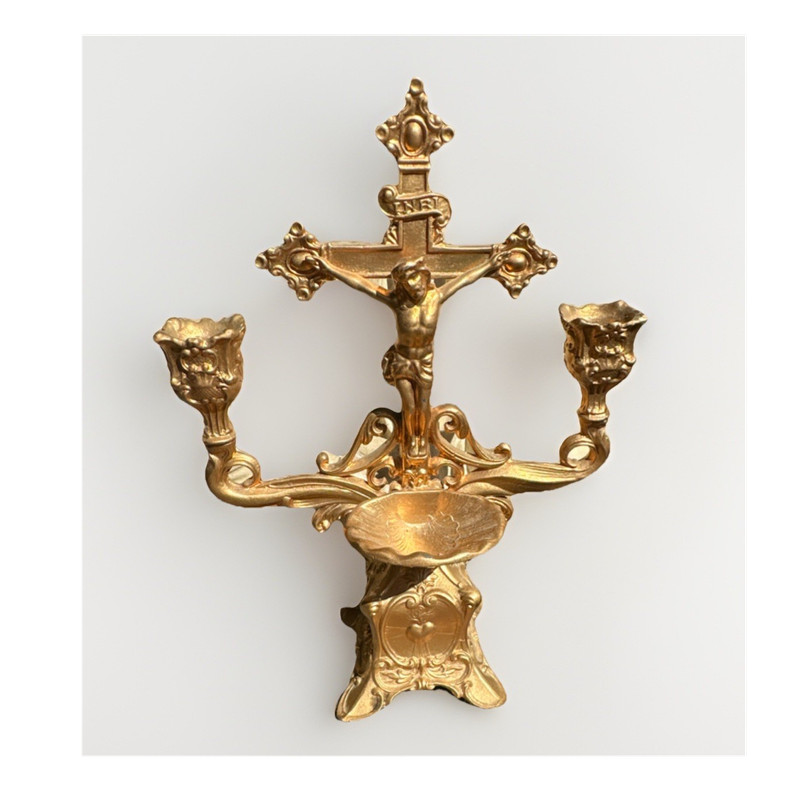 Christian Brass Crucifix Holy Water Font with Candle Holders