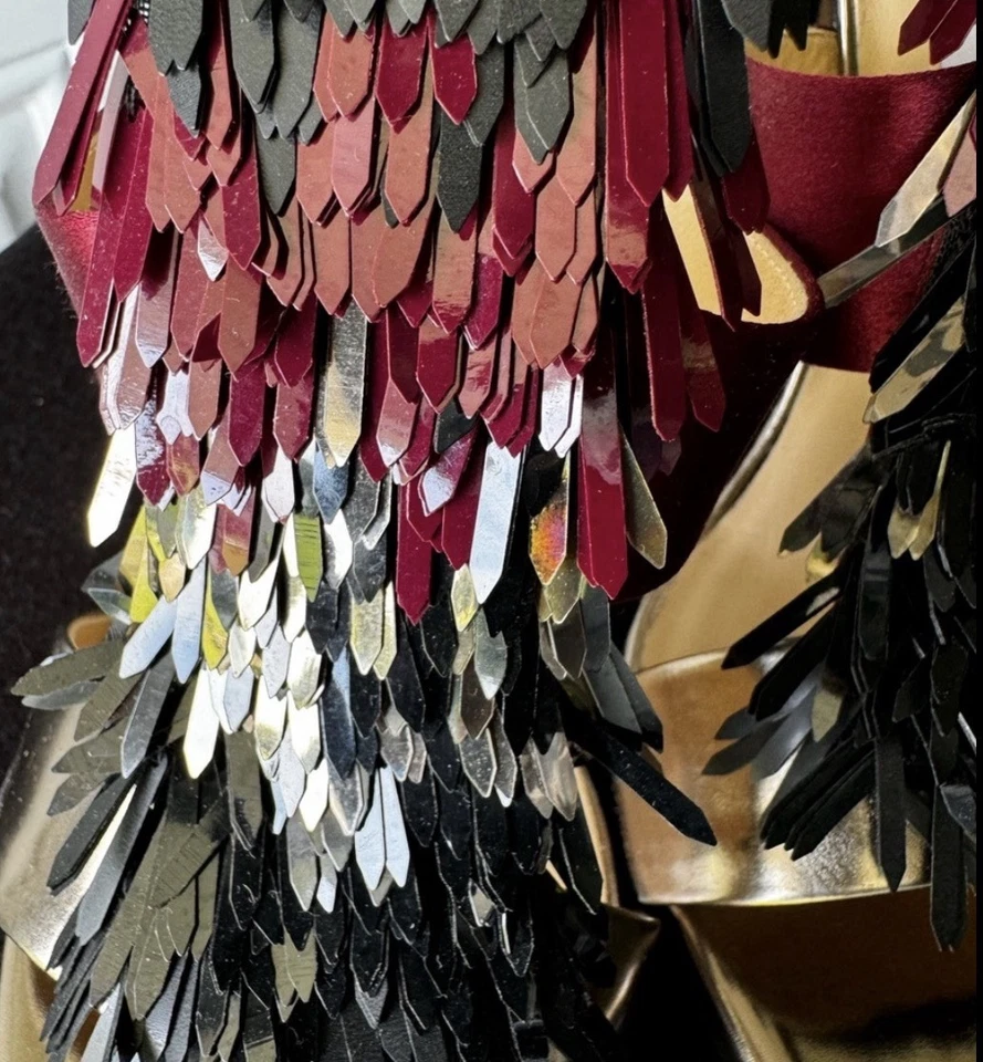 Jimmy Choo "Vibe" Tricolor Python, Satin, Leather Fringe Sandal - Size 8.5 (US - Image 3 of 4