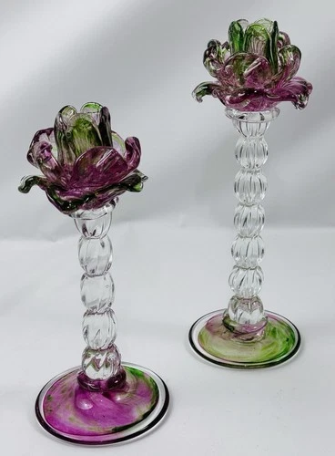 2 Vintage Venetian Murano Blown Glass Floriform Candlestick w/Pink Green Rose