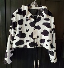 Women's Loose Cow Print Cardigan Zip Jacket Coat Winter Jacket Cropped New