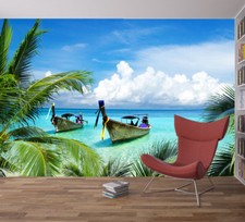Beach Tropical Tree Sea Boat Sky Photo Wallpaper Wall Mural Home Bedroom Deco
