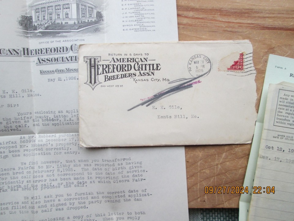 American hereford cattle breeders assoc Kansas City MO 1926 letter