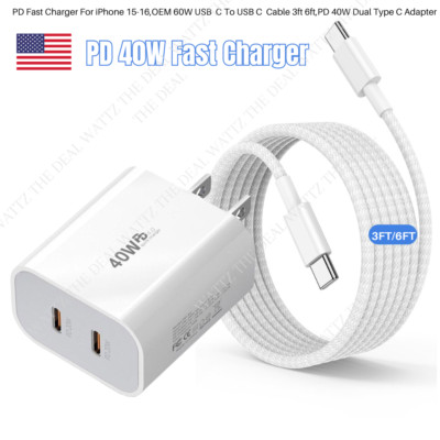 Dual USB-C 40W PD Fast Charge Cube Type C Cable For iPhone 15 16 Plus 17 Pro Max