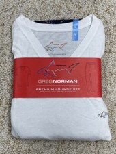 Greg Norman Premium Lounge Set Men's Sz Large White V-neck Top Blue Logo Pants