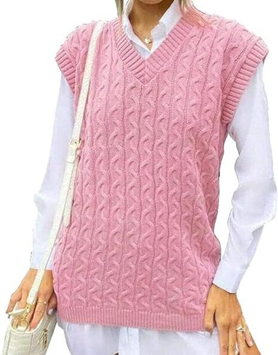 Damas Tejido por Cable Cuello en V Chaleco Sin mangas Para mujeres Tejido Jumper Prenda para el torso sin mangas Invierno - Imagen 2 de 6
