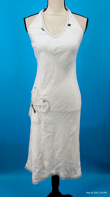 Rocha. John Rocha 100% Linen White Halter Dress Flower Applique Size 10 EURO 38
