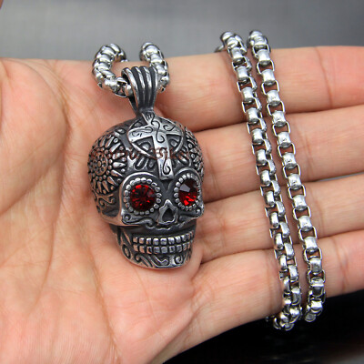 Men's Big Sugar Flower Skull Stainless Steel Pendant Necklace CZ Day of the Dead
