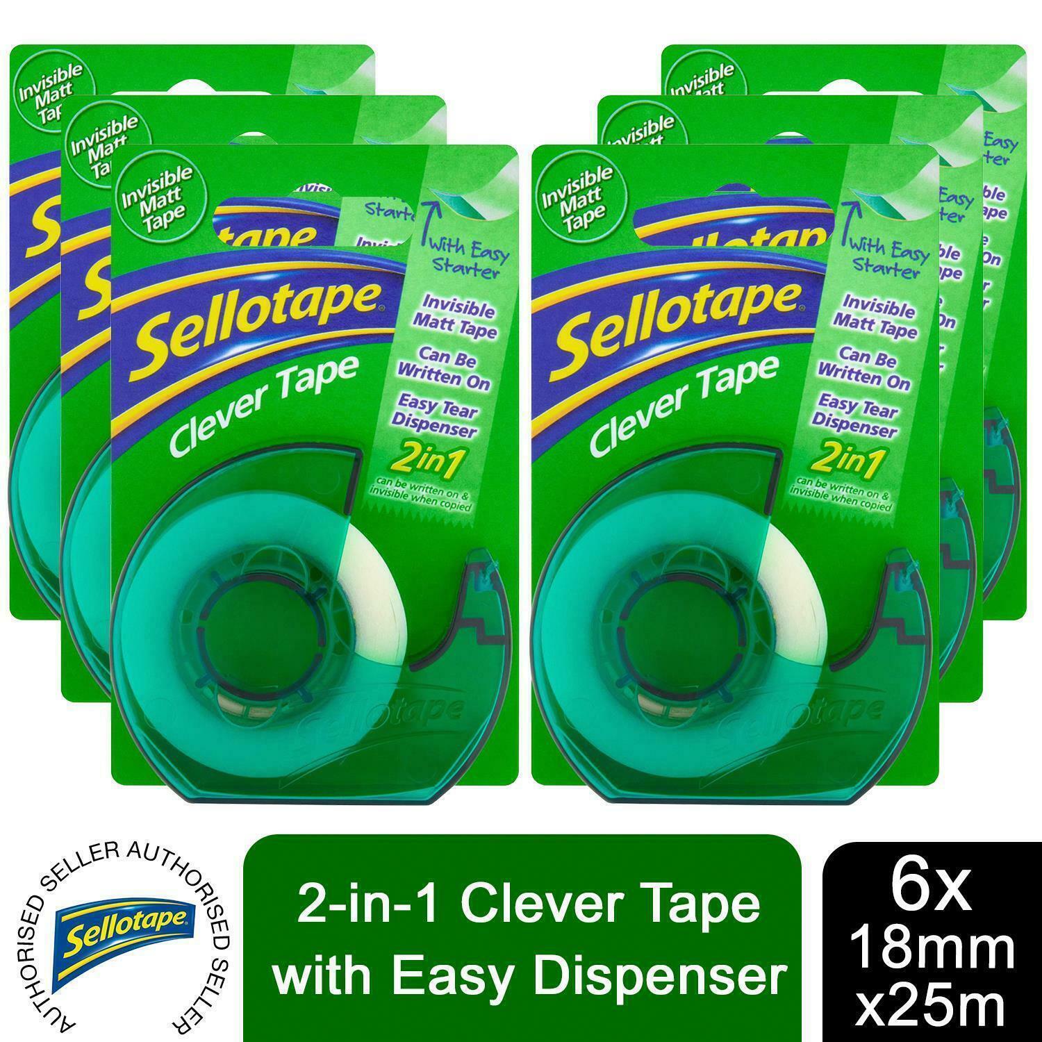 Sellotape Invisible Matt Tape & Clever Tape Dispenser 18mmx25m, 6pk