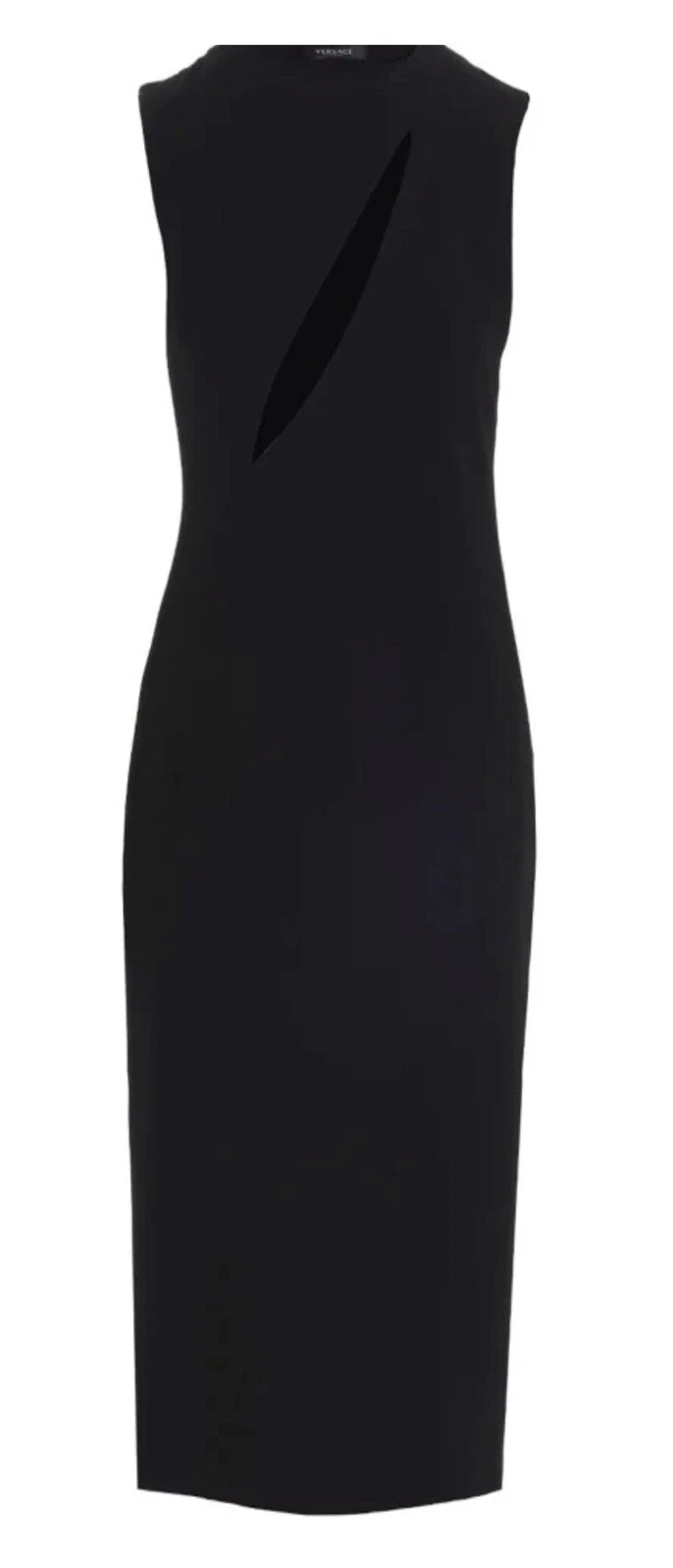 *VERSACE* Runway S S 2023 abito midi nero taglio smussato senza maniche nuovo con etichette IT 36