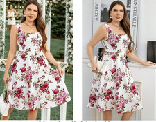 New White & Pink Floral Print STRETCHY Skater Flare Dress PLUS Size 24