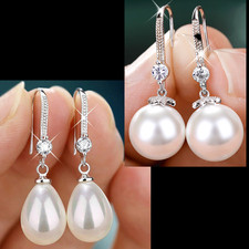 PAIR Sweet Pearl Silver Color Round & Tear Drop Pearl Wedding Earrings Women