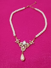 Vintage-Inspired Bridal Wedding Necklace-Filgree-Rhinestones-Faux Drop Pearl