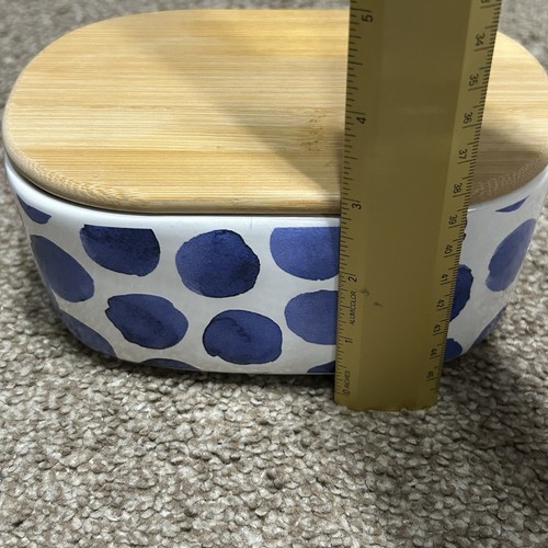 NWT 3-Piece Porcelain Bathroom Vanity Canister Set Blue Polka Dots Wood Lid NEW - Picture 7 of 7